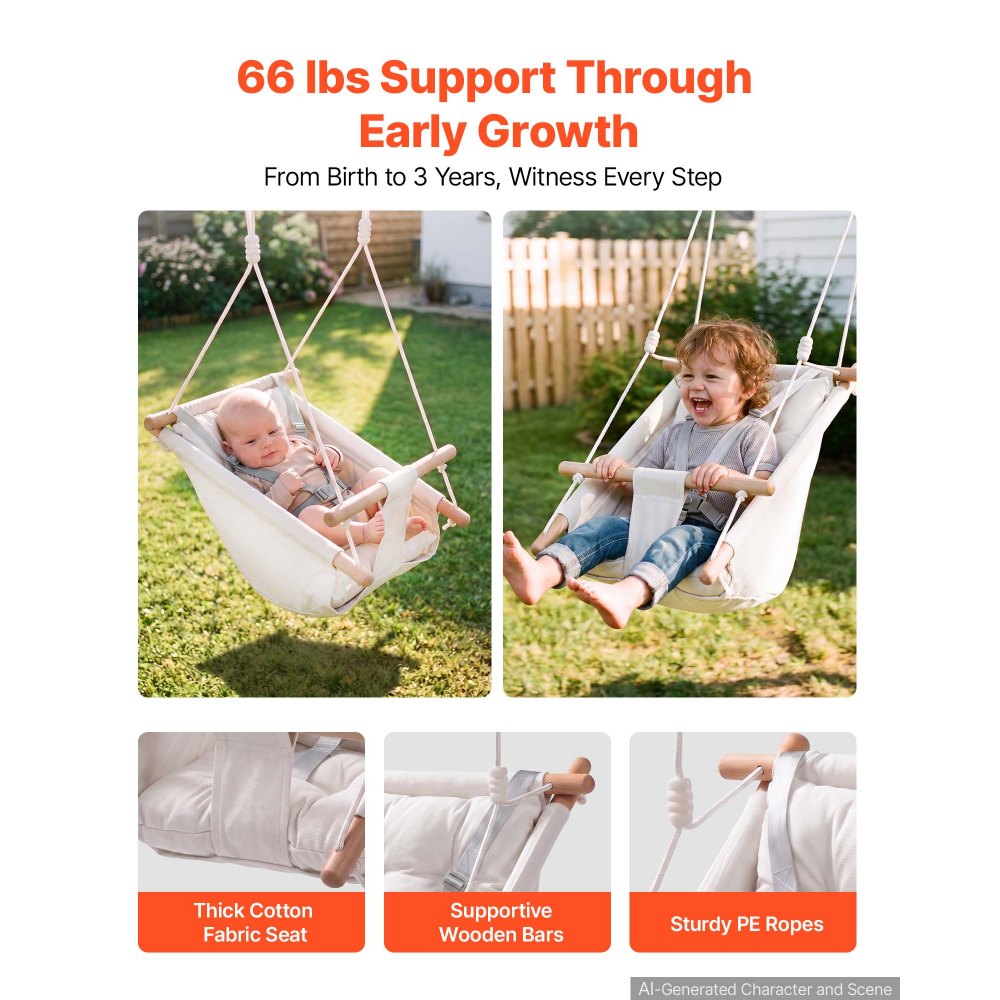 VEVOR Baby Swing 66 lbs Weight Capacity 3 Modes Canvas Hammock Swing White, for Indoor and Outdoor, 5-Point Harness and Tree Straps, Wooden Hanging Seat with Integrated Cushion for Baby to Toddler