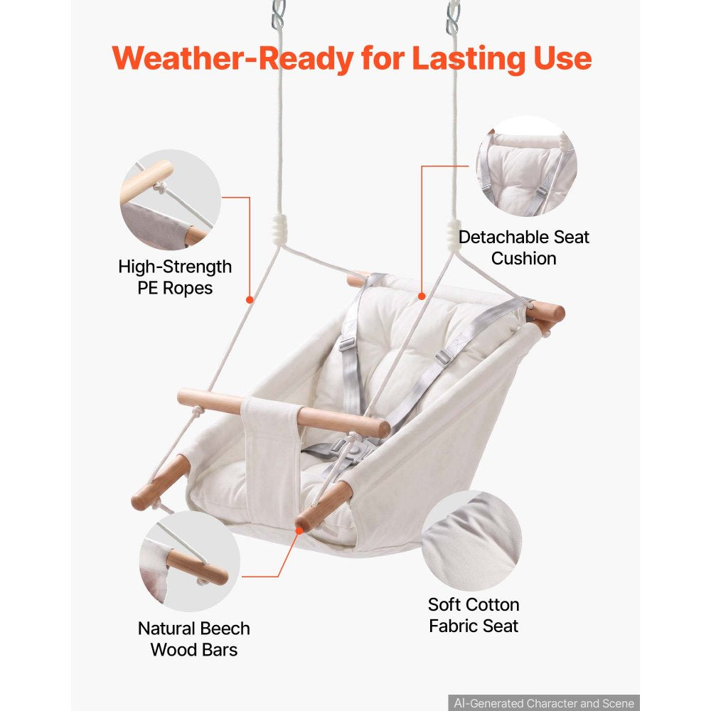 VEVOR Baby Swing 66 lbs Weight Capacity 3 Modes Canvas Hammock Swing White, for Indoor and Outdoor, 5-Point Harness and Tree Straps, Wooden Hanging Seat with Integrated Cushion for Baby to Toddler