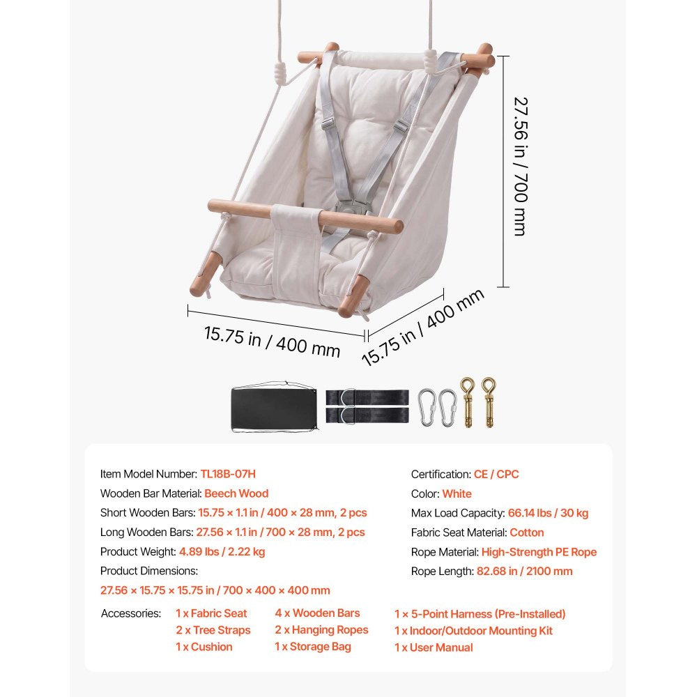 VEVOR Baby Swing 66 lbs Weight Capacity 3 Modes Canvas Hammock Swing White, for Indoor and Outdoor, 5-Point Harness and Tree Straps, Wooden Hanging Seat with Integrated Cushion for Baby to Toddler