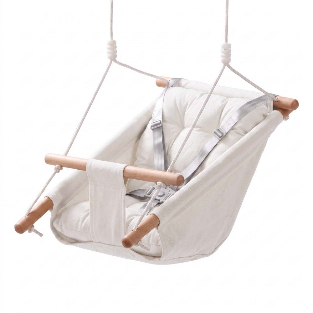 VEVOR Baby Swing 66 lbs Weight Capacity 3 Modes Canvas Hammock Swing White, for Indoor and Outdoor, 5-Point Harness and Tree Straps, Wooden Hanging Seat with Integrated Cushion for Baby to Toddler