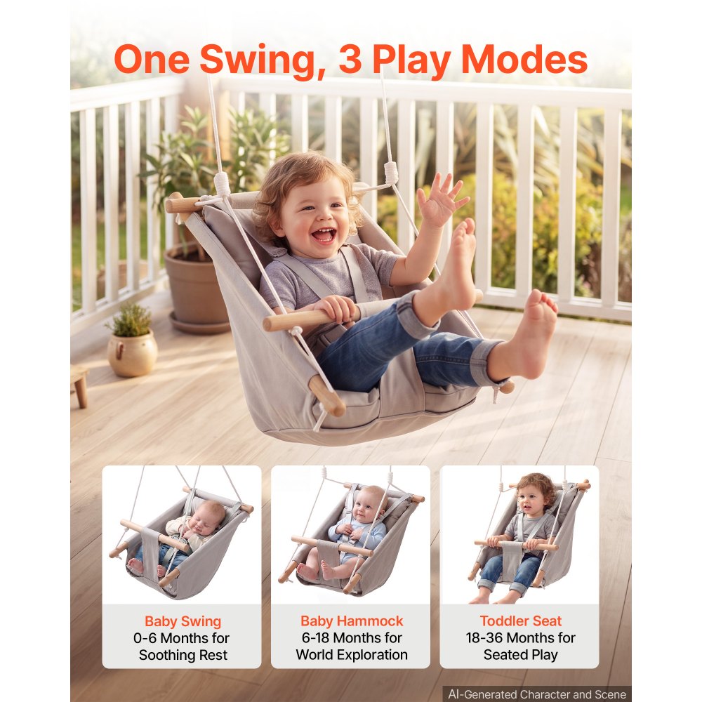 VEVOR Baby Swing 66 lbs Weight Capacity 3 Modes Canvas Hammock Swing Gray, for Indoor and Outdoor, 5-Point Harness and Tree Straps, Wooden Hanging Seat with Integrated Cushion for Baby to Toddler