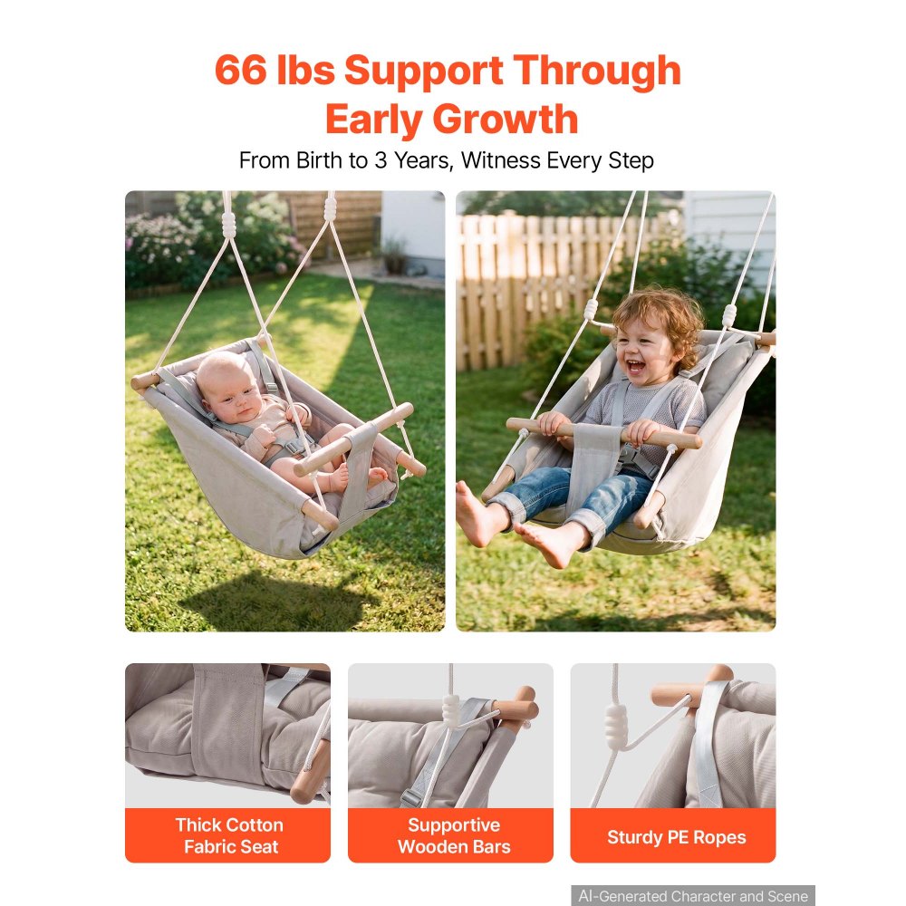 VEVOR Baby Swing 66 lbs Weight Capacity 3 Modes Canvas Hammock Swing Gray, for Indoor and Outdoor, 5-Point Harness and Tree Straps, Wooden Hanging Seat with Integrated Cushion for Baby to Toddler