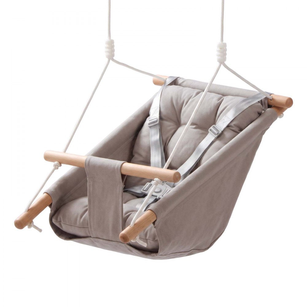 VEVOR Baby Swing 66 lbs Weight Capacity 3 Modes Canvas Hammock Swing Gray, for Indoor and Outdoor, 5-Point Harness and Tree Straps, Wooden Hanging Seat with Integrated Cushion for Baby to Toddler
