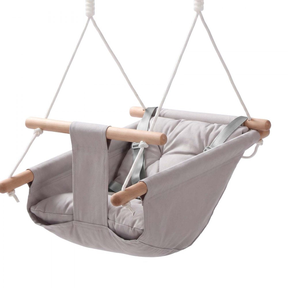 VEVOR Baby Swing 66 lbs Weight Capacity 3 Modes Canvas Hammock Swing Gray, for Indoor and Outdoor, 5-Point Harness and Tree Straps, Wooden Hanging Seat with Integrated Cushion for Baby to Toddler