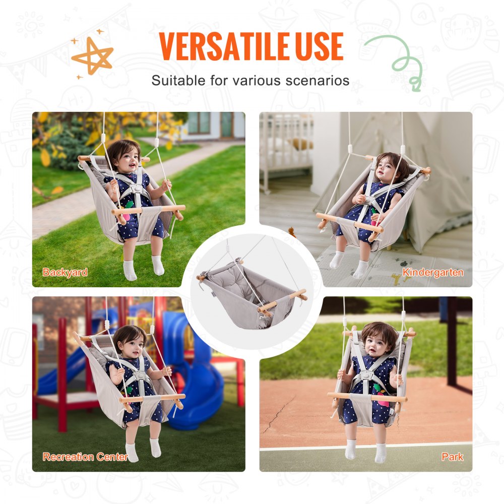 VEVOR Canvas Hammock Swing, 3 Modes Baby Swing Indoor and Outdoor with 5-Point Harness,  and Tree Straps, 150lbs Weight Capacity, Integrated Cushion, Wooden Hanging Swing Seat for Baby to Toddler