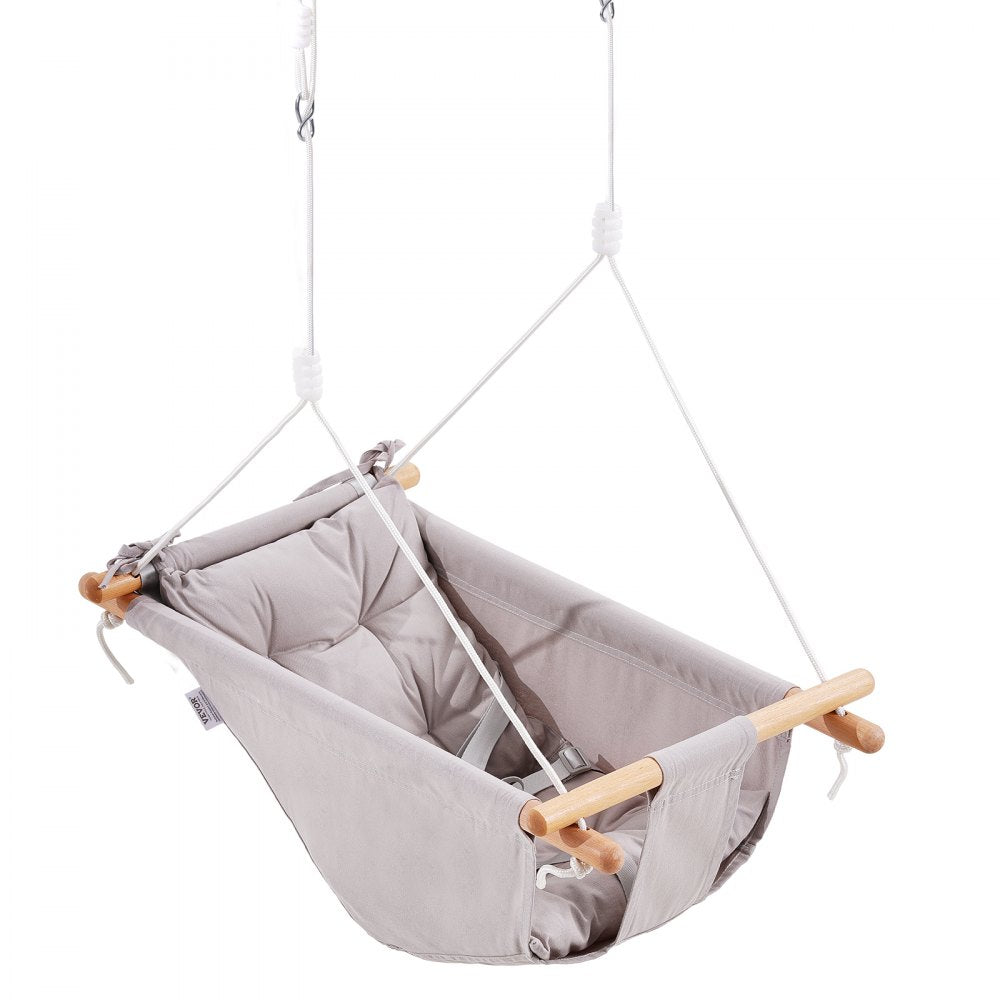 VEVOR Canvas Hammock Swing, 3 Modes Baby Swing Indoor and Outdoor with 5-Point Harness,  and Tree Straps, 150lbs Weight Capacity, Integrated Cushion, Wooden Hanging Swing Seat for Baby to Toddler