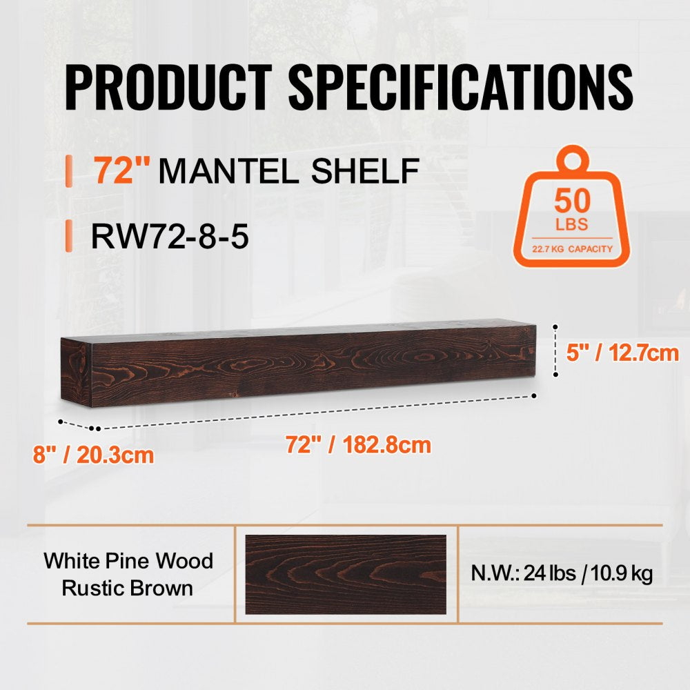 VEVOR Fireplace Mantel, 72" x 8" x 5", 50 lbs Weight Capacity, Natural Wood Mantel for Over Fireplace, Wall Mounted Floating Farmhouse Shelf, Handcrafted Fireplace Mantel for Wall Decor, Rustic Brown