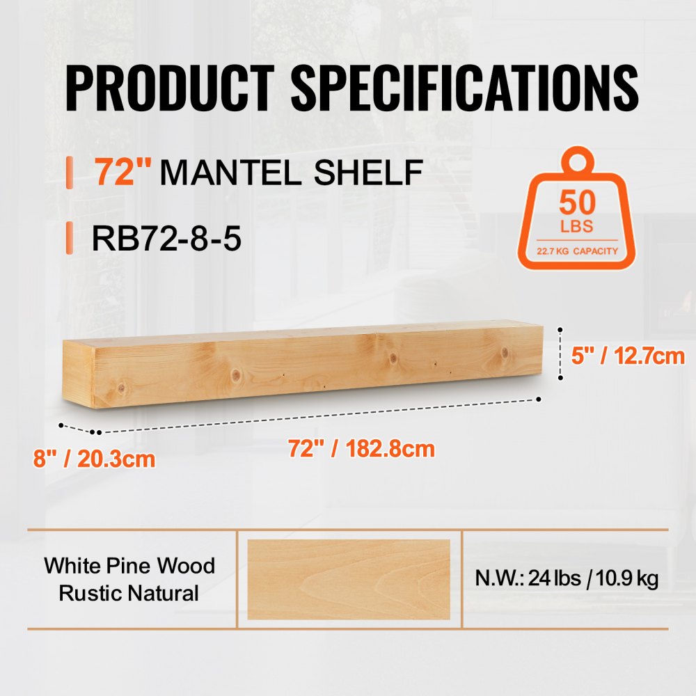 VEVOR Fireplace Mantel, 72" x 8" x 5", 50 lbs Weight Capacity, Natural Wood Mantel for Over Fireplace, Wall Mounted Floating Farmhouse Shelf, Handcrafted Wood Mantel for Wall Decor, Rustic Natural