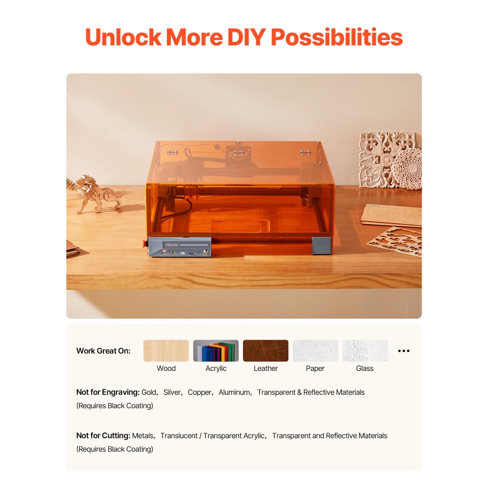 VEVOR JL3PRO supports engraving on wood, acrylic, leather, paper, glass (material support graphic)