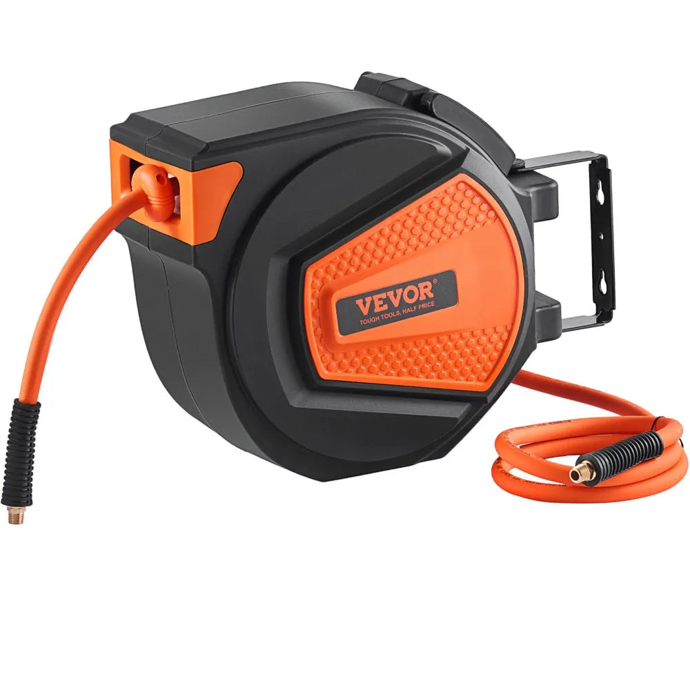 VEVOR Retractable Air Hose Reel, 3/8 IN x 50 FT Hybrid Air Hose Max 300PSI, Air Compressor Hose Reel with 5 In Lead in, Ceiling / Wall Mount Enclosed Air Reel, 180° Swivel Mount