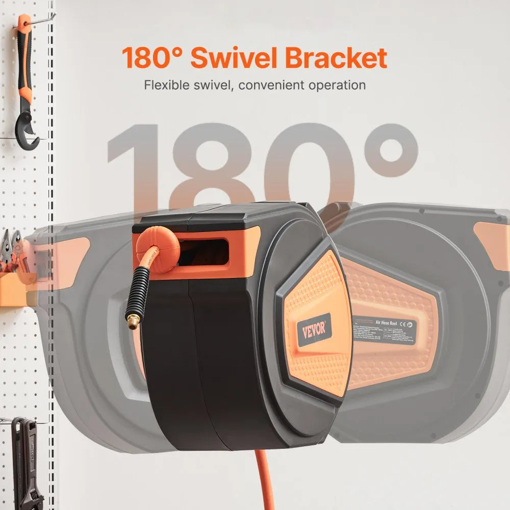 VEVOR Retractable Air Hose Reel, 3/8IN x 65FT Hybrid Air Hose Max 300PSI, Air Compressor Hose Reel Auto-Rewind with 6.6 FT Lead in, Ceiling/Wall Mount Enclosed PP Reel & Built-in 180° Swivel Bracket