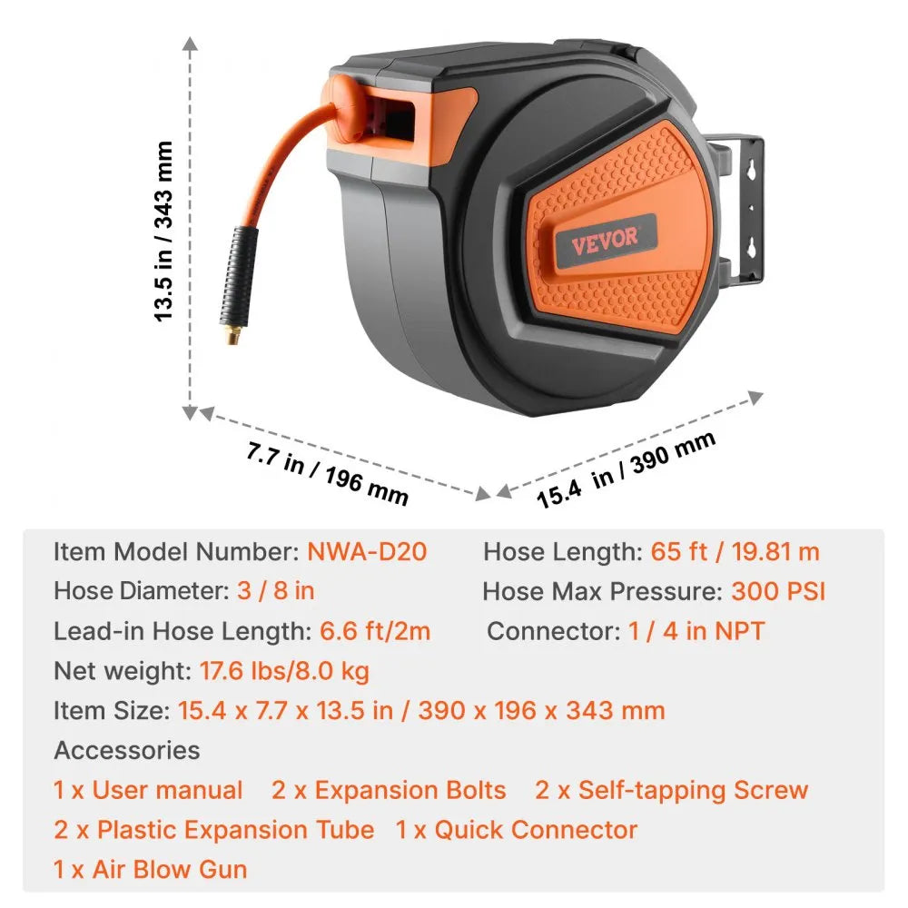 VEVOR Retractable Air Hose Reel, 3/8IN x 65FT Hybrid Air Hose Max 300PSI, Air Compressor Hose Reel Auto-Rewind with 6.6 FT Lead in, Ceiling/Wall Mount Enclosed PP Reel & Built-in 180° Swivel Bracket