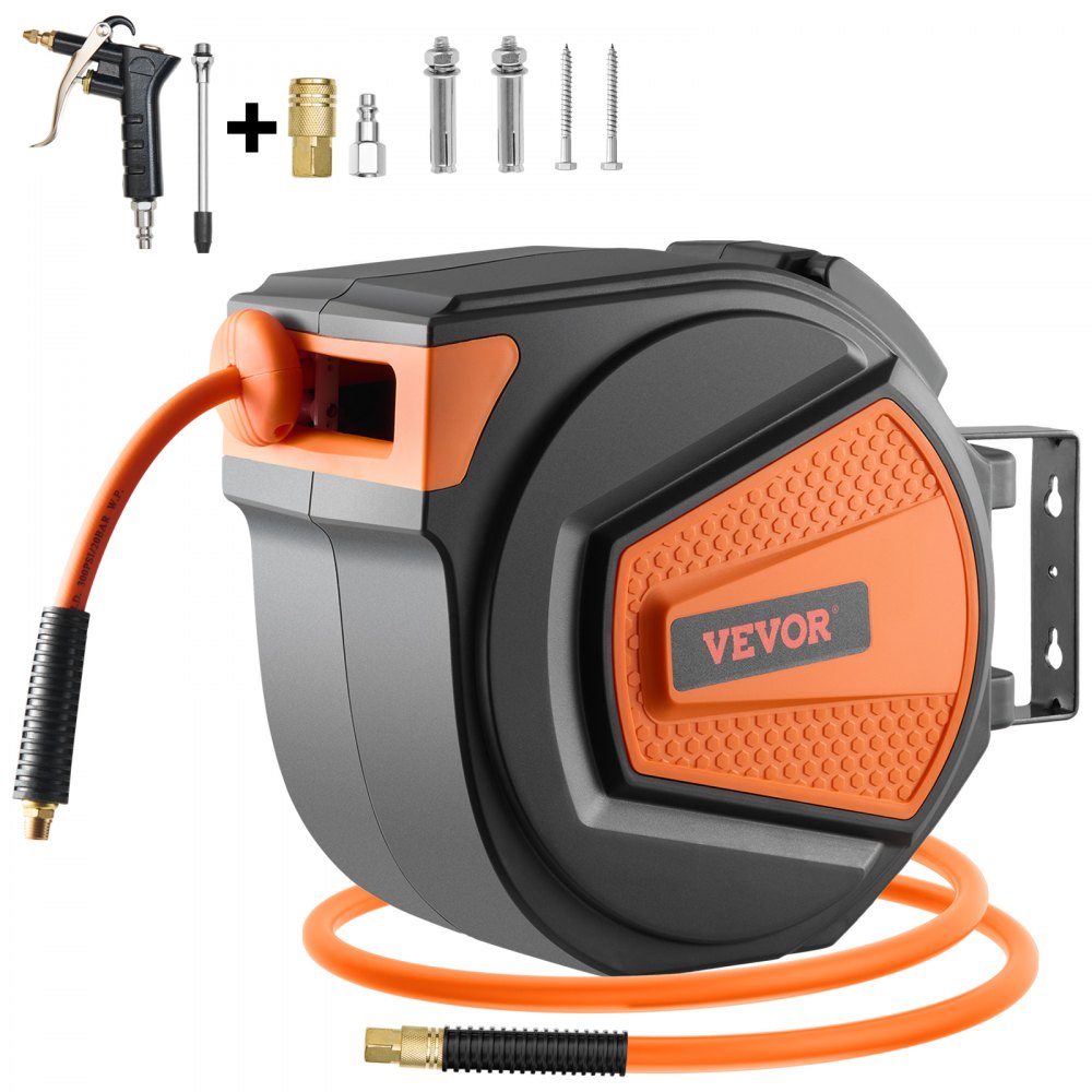 VEVOR Retractable Air Hose Reel, 3/8IN x 65FT Hybrid Air Hose Max 300PSI, Air Compressor Hose Reel Auto-Rewind with 6.6 FT Lead in, Ceiling/Wall Mount Enclosed PP Reel & Built-in 180° Swivel Bracket