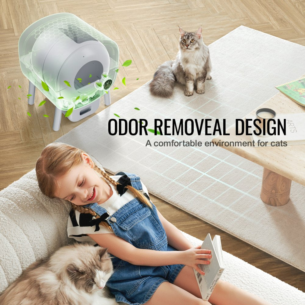 VEVOR 76L Self Cleaning Cat Litter Box, Automatic Cat Litter Box with Trash Bags, Large Space Smart Cat Litter Box with Odor Removal, APP Control, and Infrared Sensor, Gray
