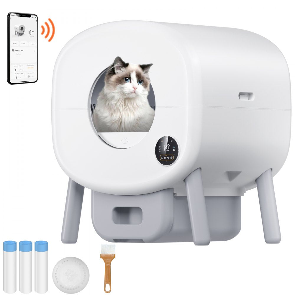 VEVOR 76L Self Cleaning Cat Litter Box, Automatic Cat Litter Box with Trash Bags, Large Space Smart Cat Litter Box with Odor Removal, APP Control, and Infrared Sensor, Gray