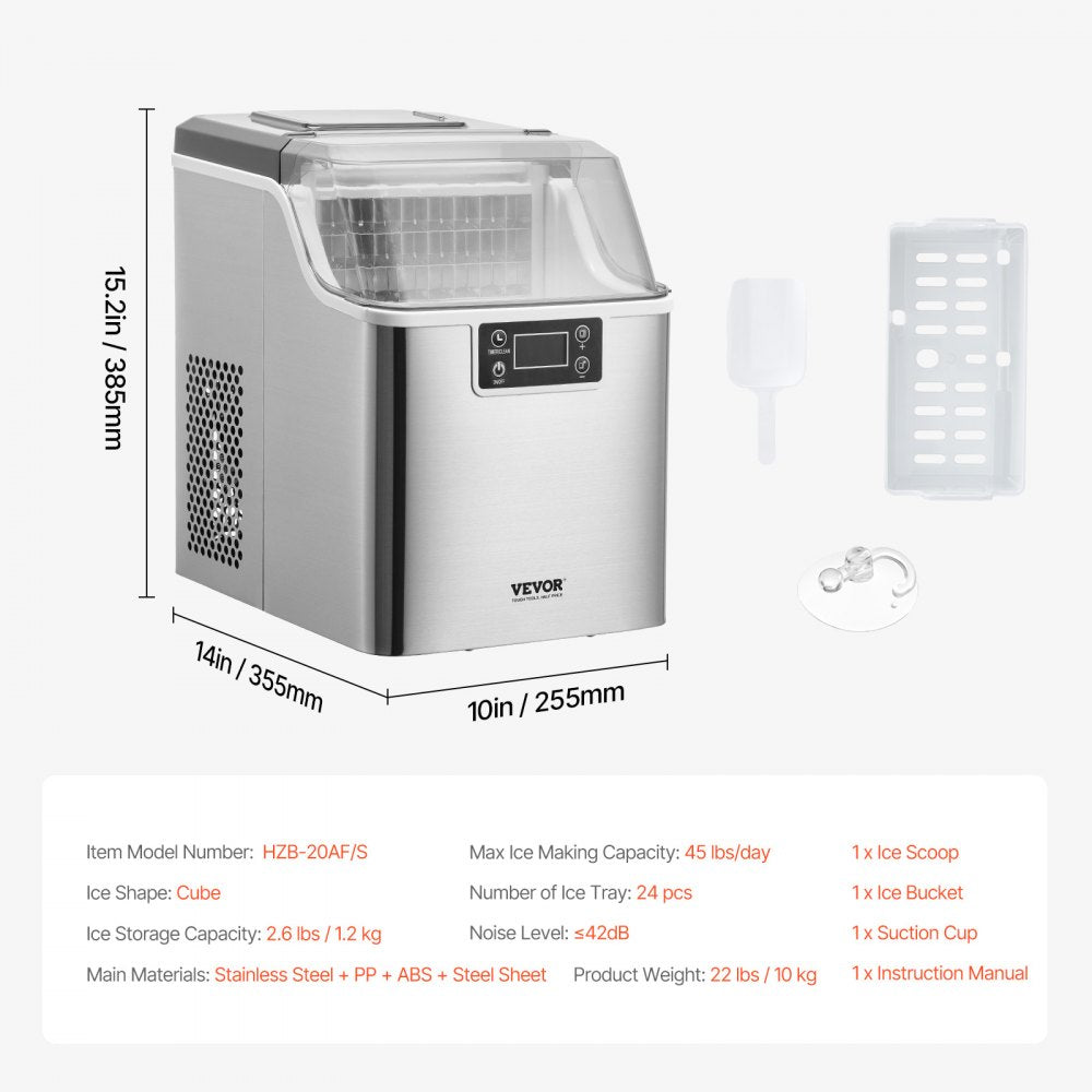 VEVOR Countertop Ice Maker, 24 Cubes Ready in 15 Mins, 45lbs in 24Hrs, Self-Cleaning Portable Ice Maker with Ice Scoop and Basket, Ice Machine with 3 Sizes Ice Cube for Home Kitchen Office Party