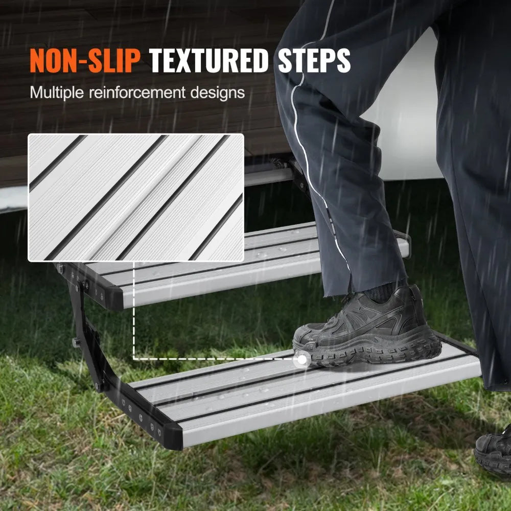 VEVOR RV Steps, 2-Step, Manual Retractable RV Stairs, Foldable, 440 LBS Load Capacity, Aluminum Alloy Steps, Thickened Steel Plate, Non-Slip Steps for Safe Entry and Exit, RV, Trailer, Camper Steps