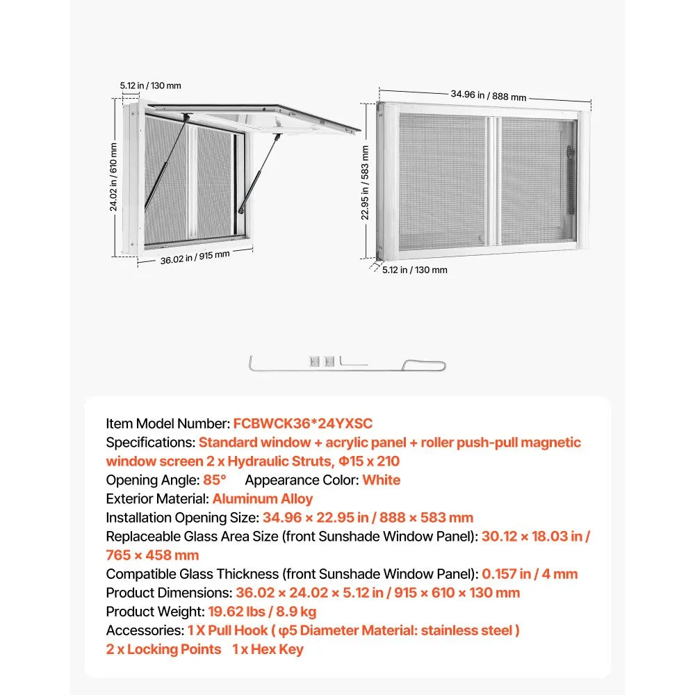 VEVOR Concession Window 36x24 in Aluminum Alloy & Acrylic Service Window, for Food Truck, Up to 85 Degrees Stand Serving with 2 Sliding Screen Windows, Awning Door and Drag Hook, Rainwater Resistant