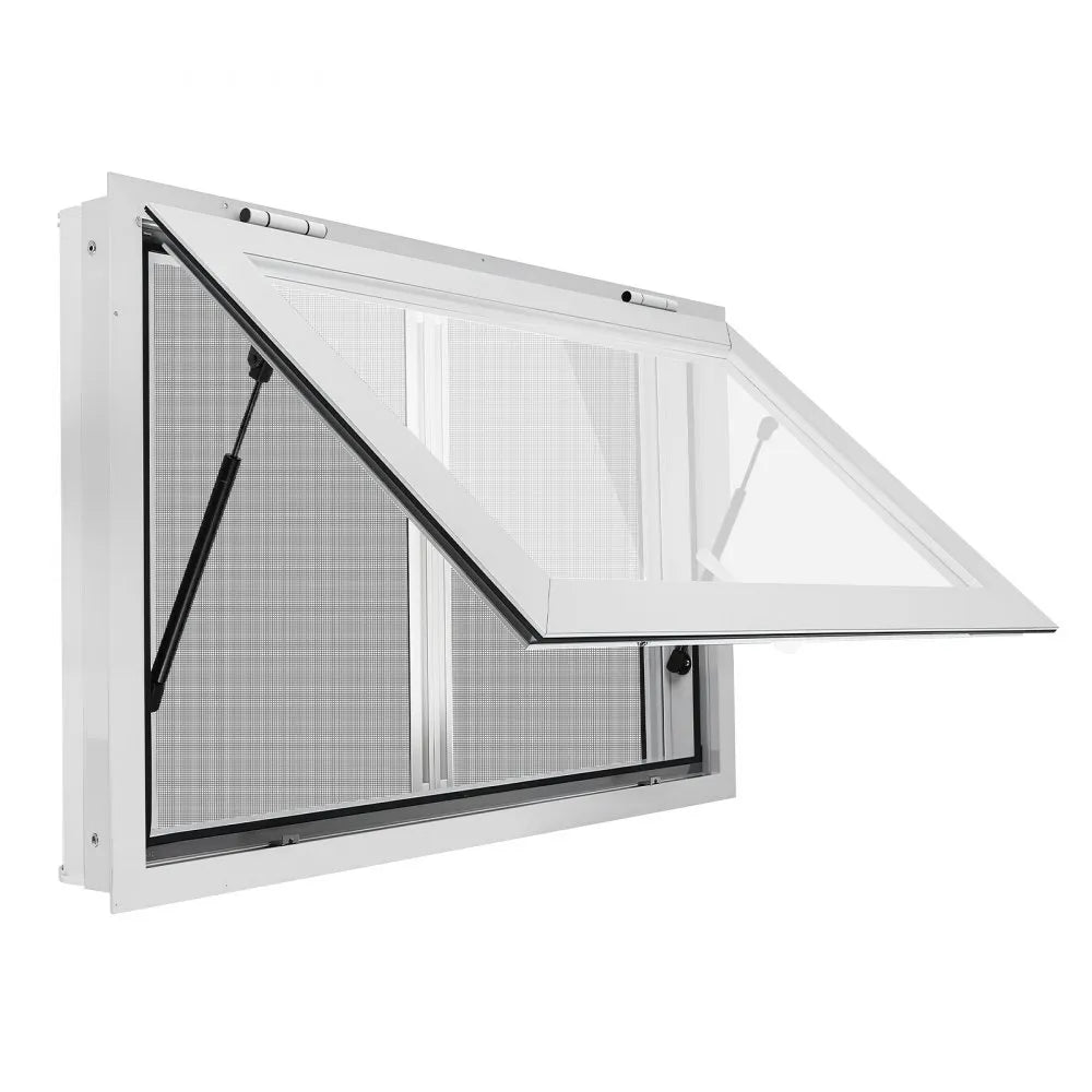 VEVOR Concession Window 36x24 in Aluminum Alloy & Acrylic Service Window, for Food Truck, Up to 85 Degrees Stand Serving with 2 Sliding Screen Windows, Awning Door and Drag Hook, Rainwater Resistant