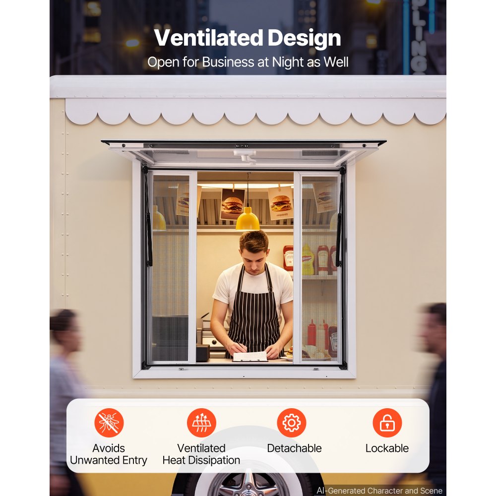 VEVOR Concession Window 36x36 in Aluminum Alloy Frame Service Window, for Food Truck, Up to 85 Degrees Stand Serving with 4 Sliding Screen Windows, Awning Door and Drag Hook, Rainwater Resistant