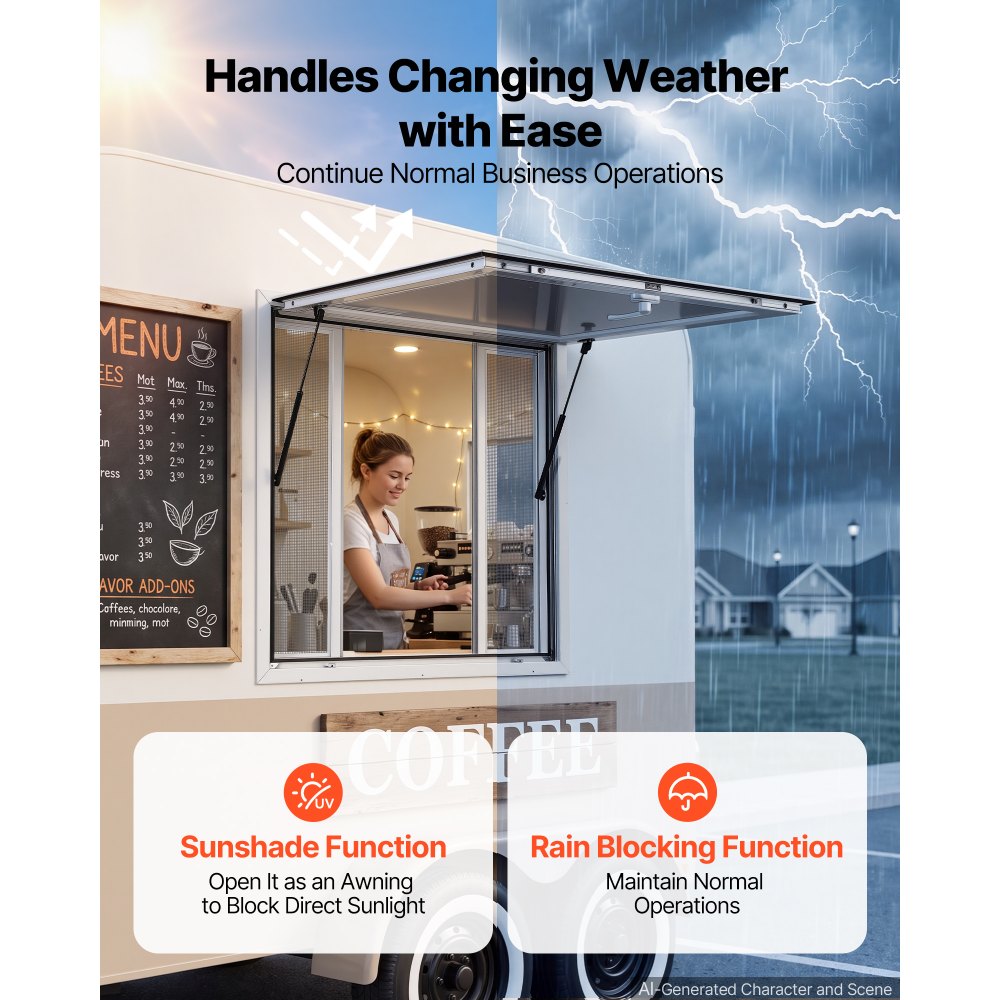 VEVOR Concession Window 36x36 in Aluminum Alloy Frame Service Window, for Food Truck, Up to 85 Degrees Stand Serving with 4 Sliding Screen Windows, Awning Door and Drag Hook, Rainwater Resistant