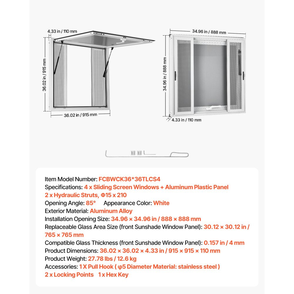 VEVOR Concession Window 36x36 in Aluminum Alloy Frame Service Window, for Food Truck, Up to 85 Degrees Stand Serving with 4 Sliding Screen Windows, Awning Door and Drag Hook, Rainwater Resistant