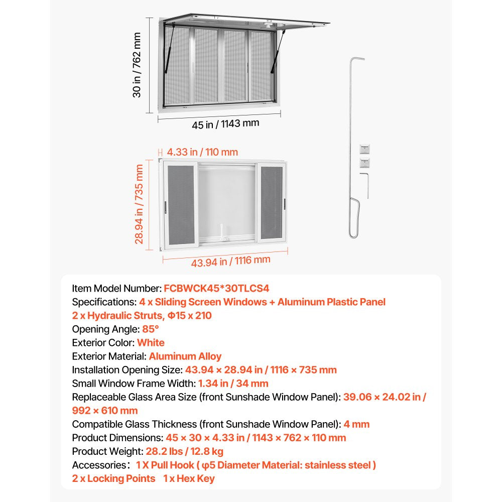 VEVOR Concession Window 45x30 in Aluminum Alloy Service Window, for Food Truck, Up to 85 Degrees Stand Serving with 4 Sliding Screen Windows, Awning Door and Drag Hook, Rainwater Resistant