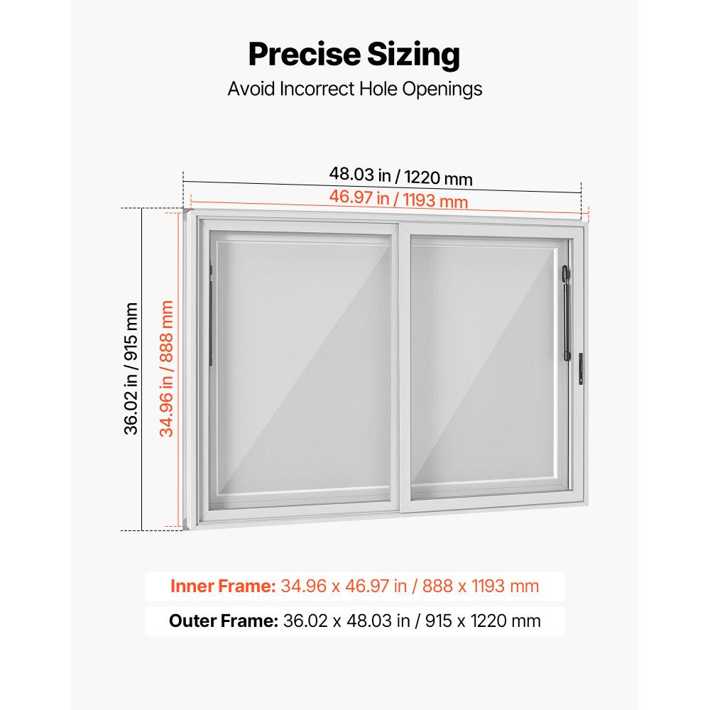VEVOR Concession Window 48x36 in Aluminum Alloy Service Window, for Food Truck, Up to 85 Degrees Stand Serving with 2 Sliding Acrylic Windows, Awning Door and Drag Hook, Rainwater Resistant