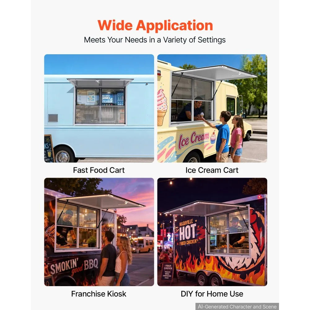 VEVOR Concession Window 48x36 in Aluminum Alloy Service Window, for Food Truck, Up to 85 Degrees Stand Serving with 2 Fixed & 2 Sliding Windows, Awning Door and Drag Hook, Rainwater Resistant
