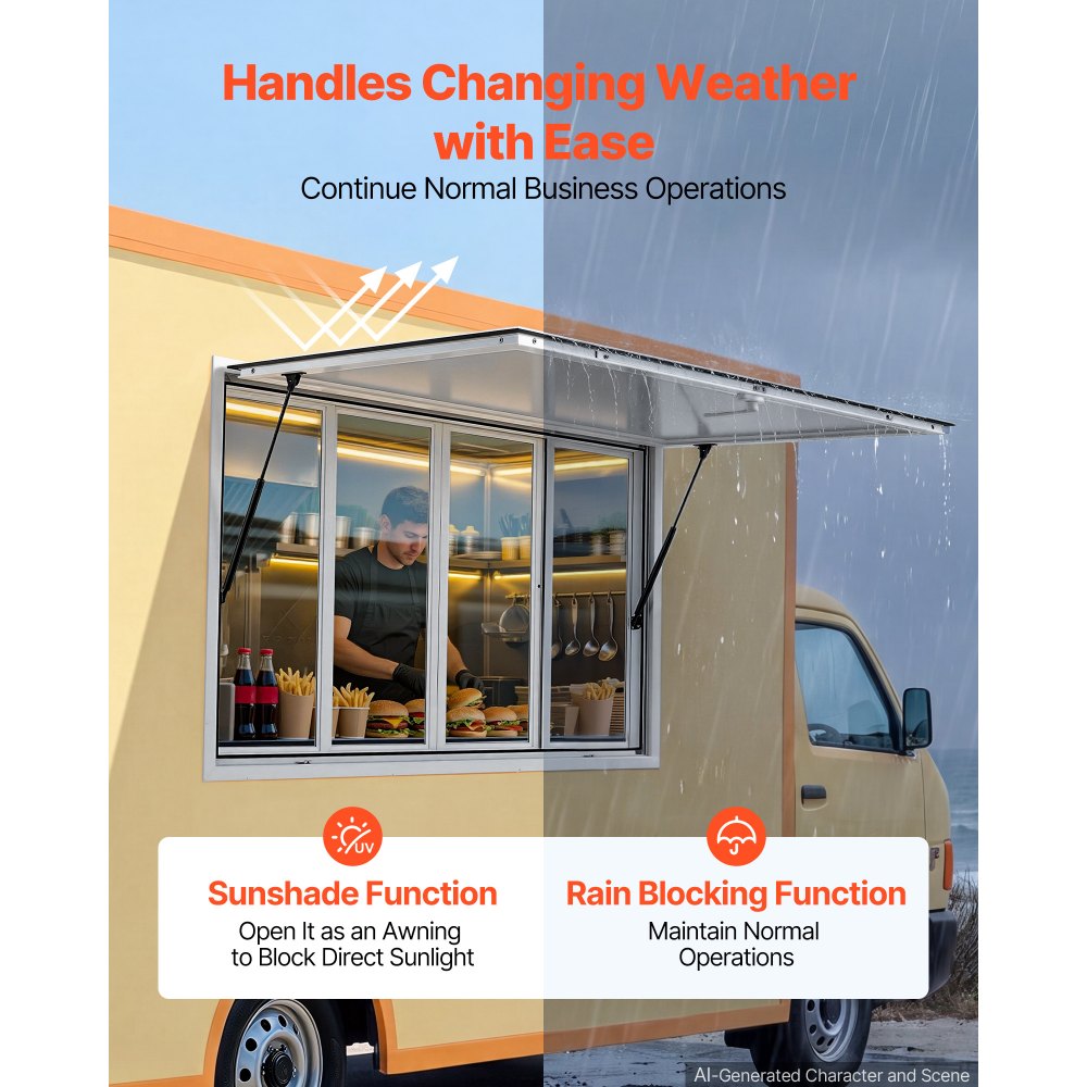 VEVOR Concession Window 60x36 in Aluminum Alloy Service Window, for Food Truck, Up to 85 Degrees Stand Serving with 4 Sliding Acrylic Windows, Awning Door and Drag Hook, Rainwater Resistant