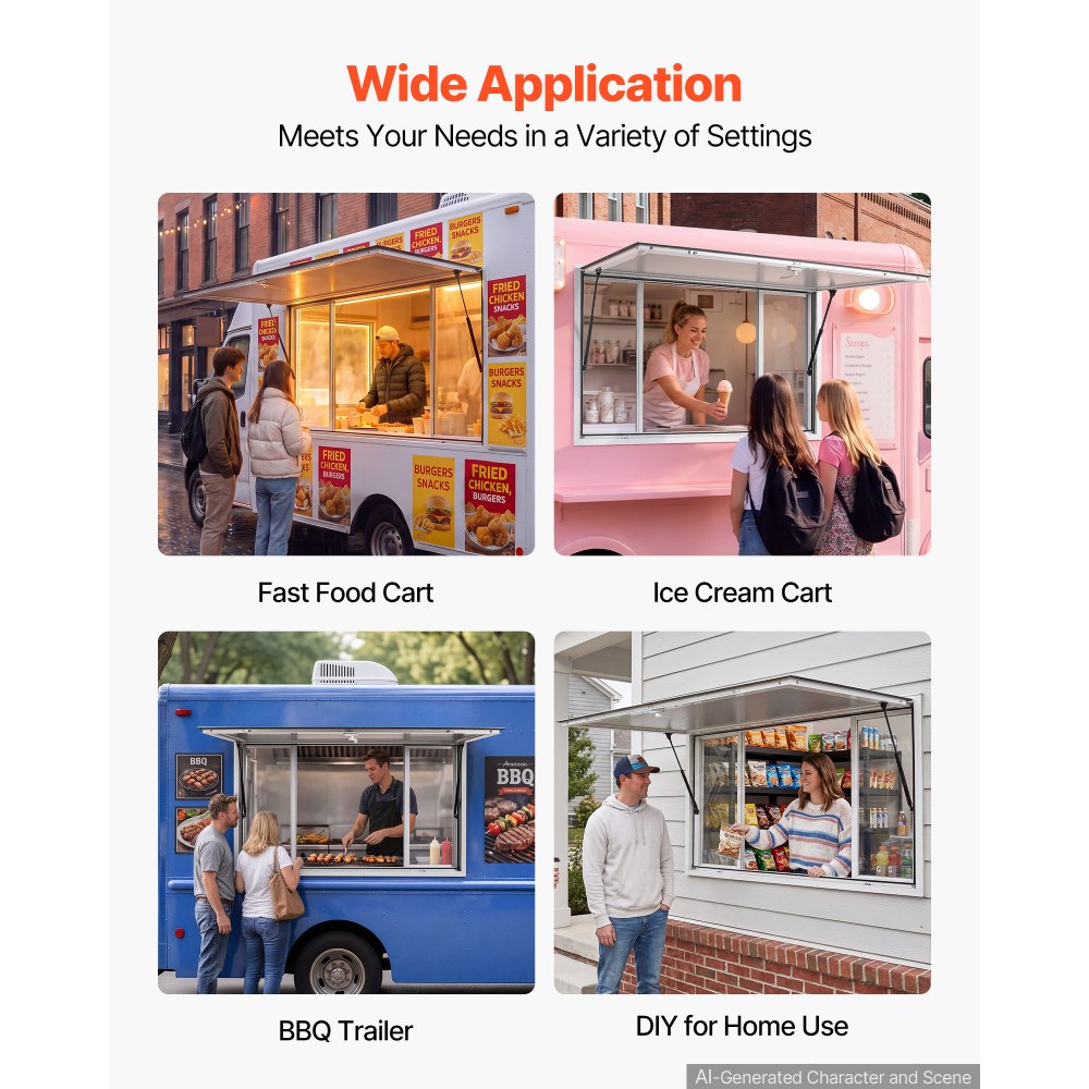 VEVOR Concession Window 60x36 in Aluminum Alloy Service Window, for Food Truck, Up to 85 Degrees Stand Serving with 4 Sliding Acrylic Windows, Awning Door and Drag Hook, Rainwater Resistant