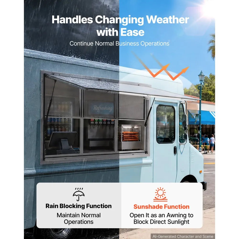 VEVOR Concession Window 60x36 in Aluminum Alloy Service Window, for Food Truck, Up to 85 Degrees Stand Serving with 3 Fixed & 3 Sliding Windows, Awning Door and Drag Hook, Rainwater Resistant