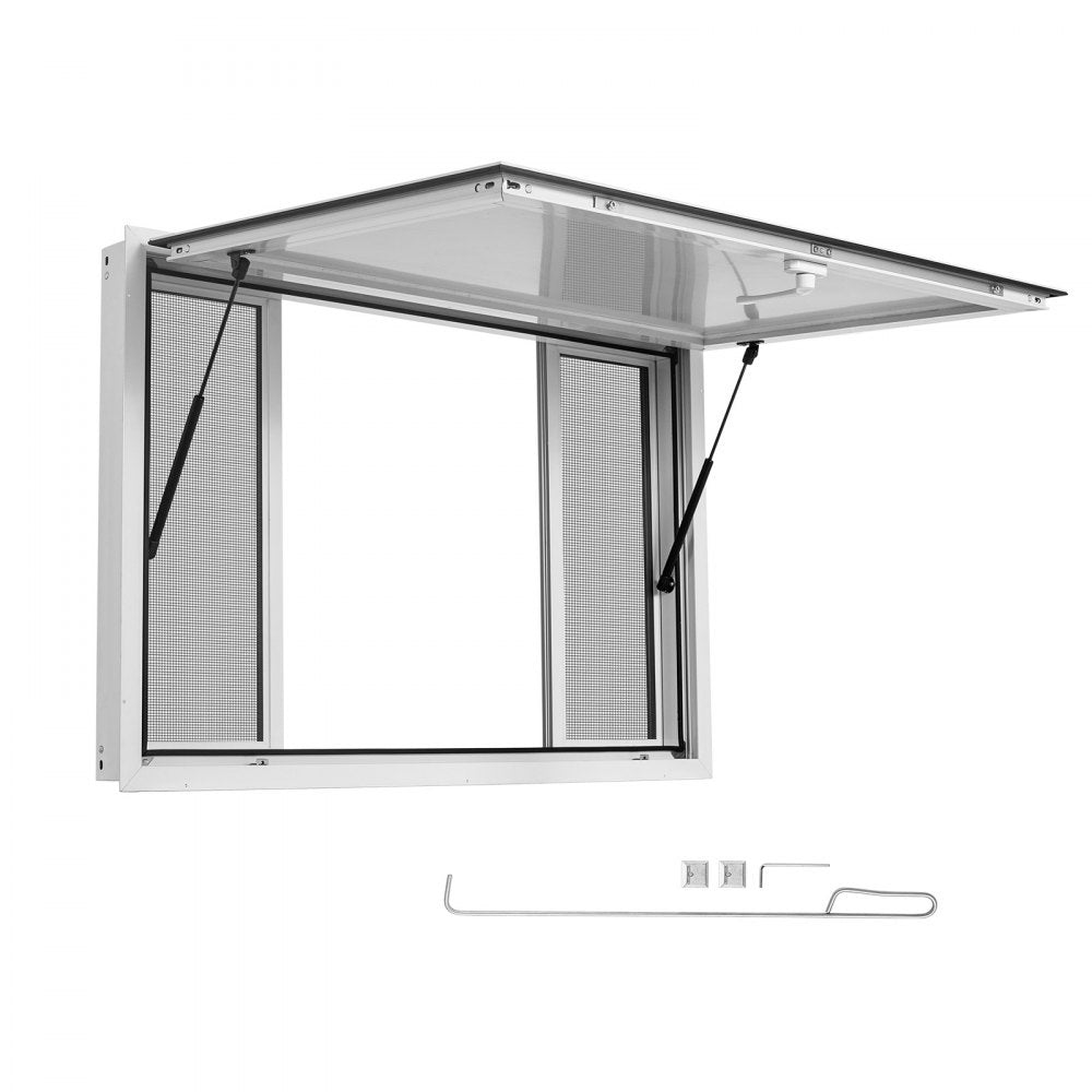 VEVOR Concession Window 60x36 in Aluminum Alloy Frame Service Window, for Food Truck, Up to 85 Degrees Stand Serving with 4 Sliding Screen Windows, Awning Door and Drag Hook, Rainwater Resistant