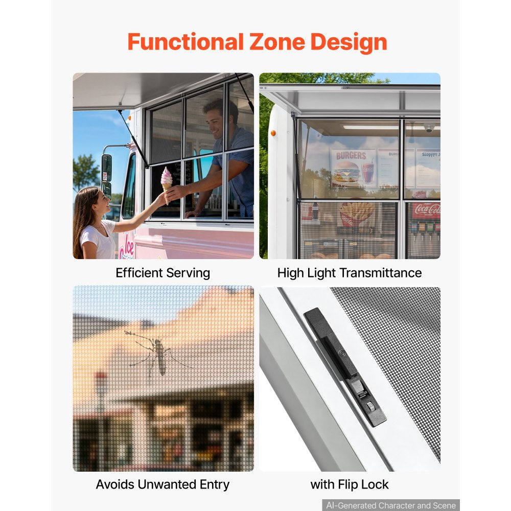 VEVOR Concession Window 64x40 in Aluminum Alloy Service Window, for Food Truck, Up to 85 Degrees Stand Serving with 3 Fixed & 3 Sliding Windows, Awning Door and Drag Hook, Rainwater Resistant
