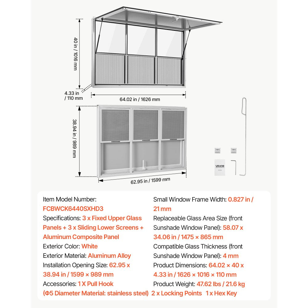 VEVOR Concession Window 64x40 in Aluminum Alloy Service Window, for Food Truck, Up to 85 Degrees Stand Serving with 3 Fixed & 3 Sliding Windows, Awning Door and Drag Hook, Rainwater Resistant