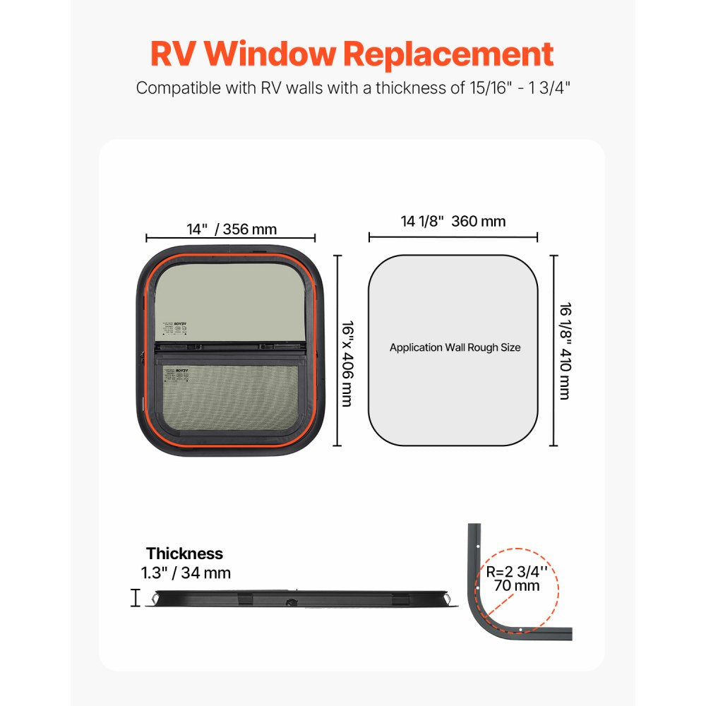 VEVOR Vertical RV Window, 14" W x 16" H Tinted Sliding RV Window with Net Screen & Trim Ring, Fit 15/16" - 1 3/4" Thickness Wall, RV Window Replacement for Teardrop Cargo Trailer Camper, DOT Approved