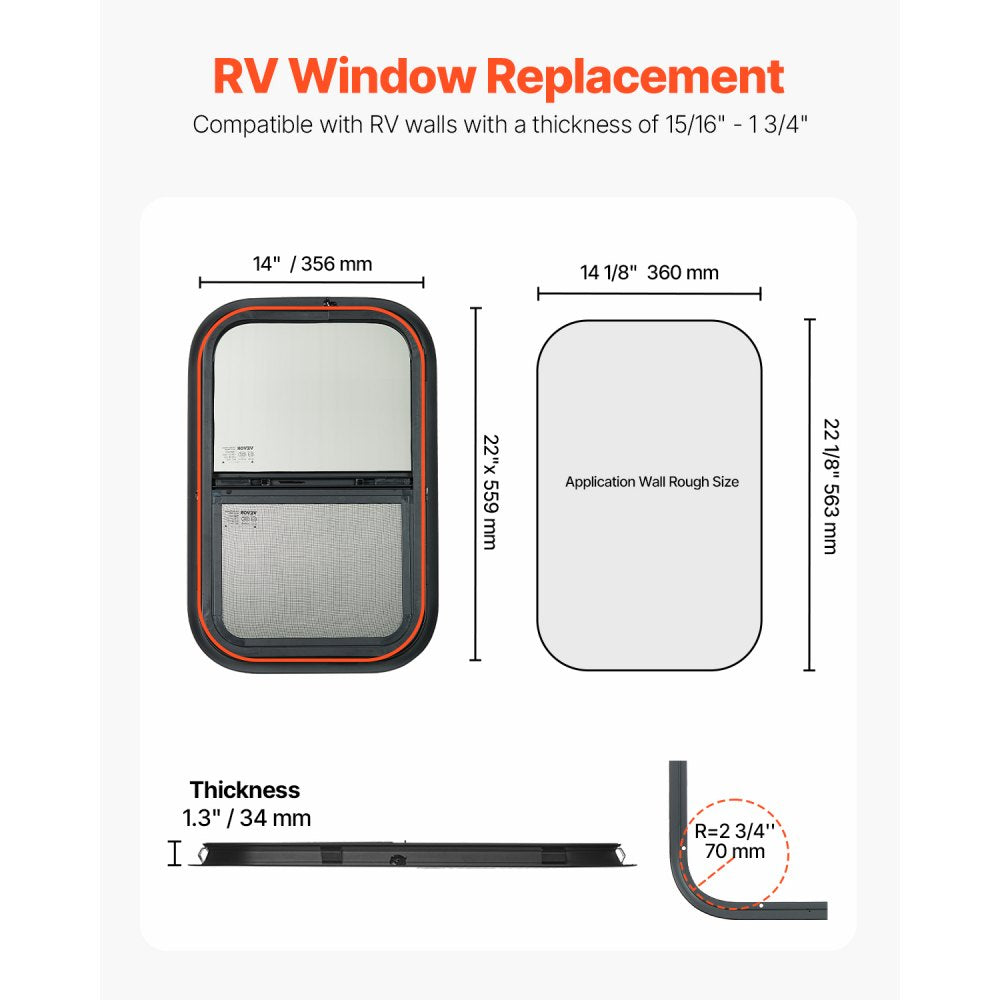 VEVOR Vertical RV Window, 14" W x 22" H Tinted Sliding RV Window with Net Screen & Trim Ring, Fit 15/16" - 1 3/4" Thickness Wall, RV Window Replacement for Teardrop Cargo Trailer Camper, DOT Approved