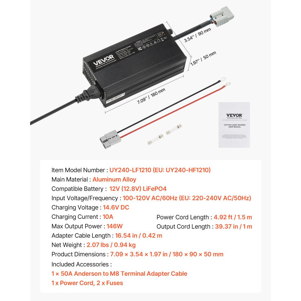 VEVOR 12V 10A Lithium Battery Charger, 14.6V, AC-DC LiFePO4 Smart Charger, with Anderson Connector, LED Indicator, 0V Activation, for Lithium LiFePO4 Deep Cycle Rechargeable Batteries of Boat, RV