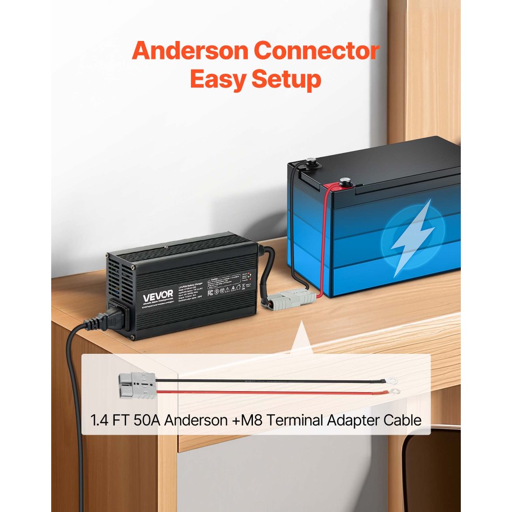 VEVOR 12V 20A Lithium Battery Charger, 14.6V, AC-DC LiFePO4 Smart Charger, with Anderson Connector, LED Indicator, 0V Activation, for Lithium LiFePO4 Deep Cycle Rechargeable Batteries of Boat, RV