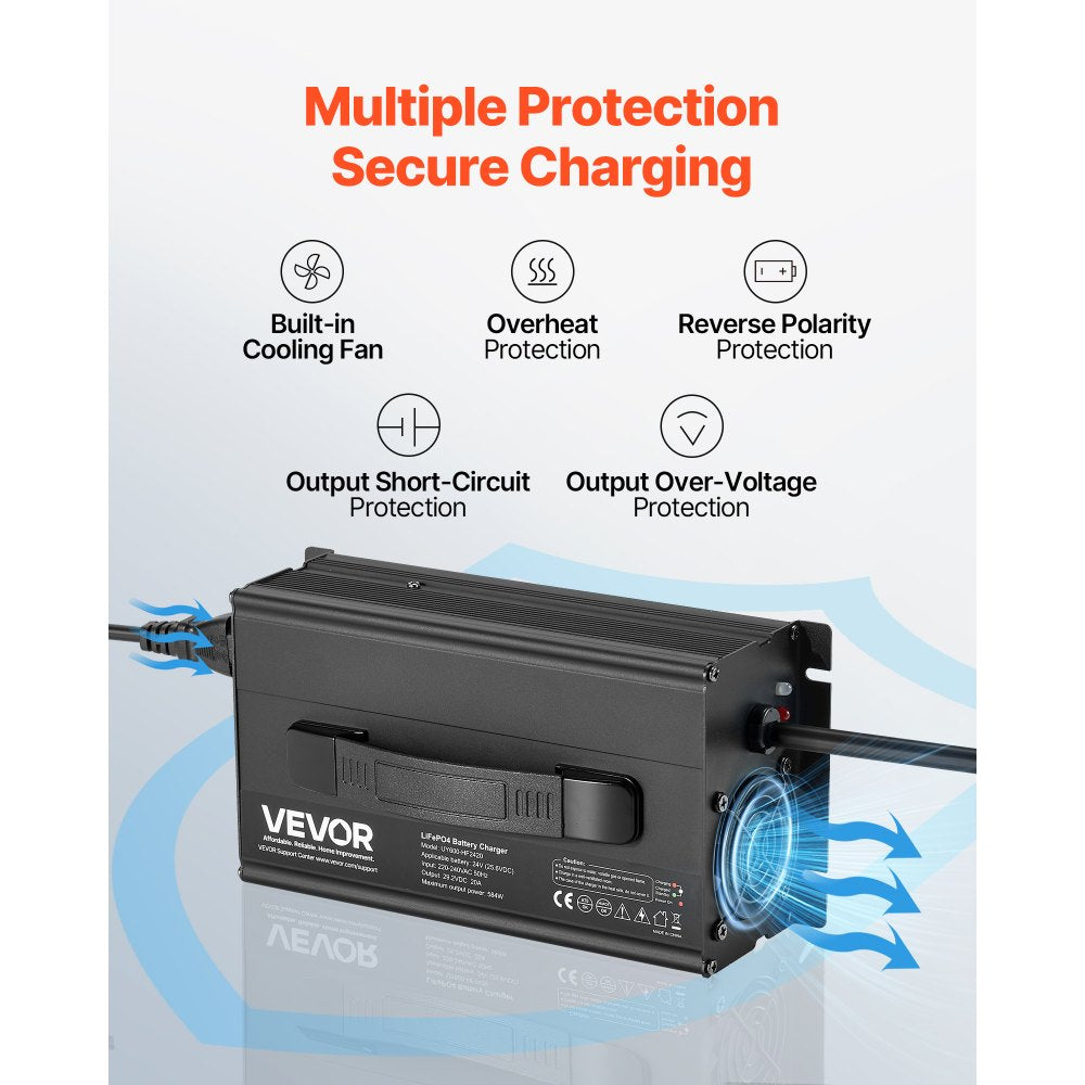 VEVOR 24V 20A Lithium Battery Charger, 29.2V, AC-DC LiFePO4 Smart Charger, with Anderson Connector, LED Indicator, 0V Activation, for Lithium LiFePO4 Deep Cycle Rechargeable Batteries of Boat, RV