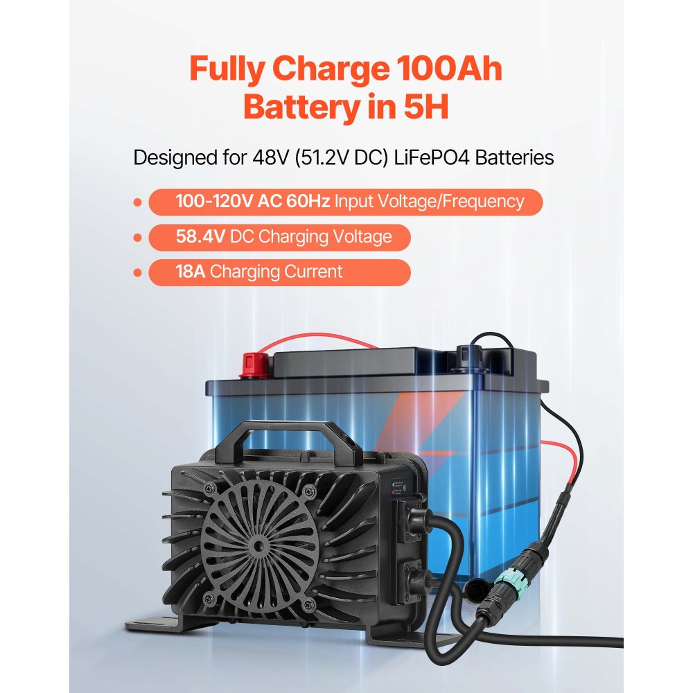VEVOR 48V 18A Lithium Battery Charger, 58.4V, AC-DC LiFePO4 Smart Charger, with Waterproof Connector, LED Indicator, 0V Activation, for LiFePO4 Deep Cycle Rechargeable Batteries of Boat, RV, IP68