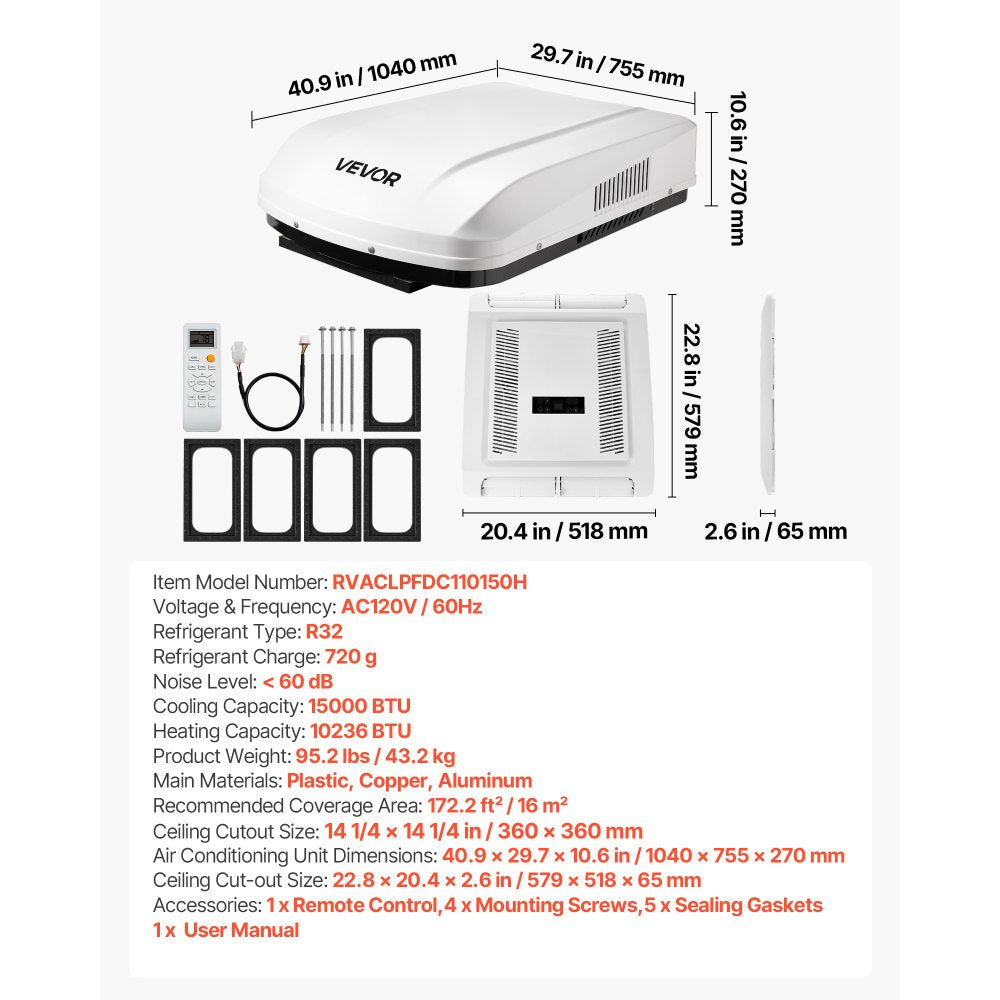 VEVOR RV Air Conditioner, 15000 BTU RV AC Unit, 120V Non-Ducted Rooftop Air Conditioner with Heat Pump and Cooling, Variable Speed Easy Install Quiet AC with ADB Button Control & Remote Control, White