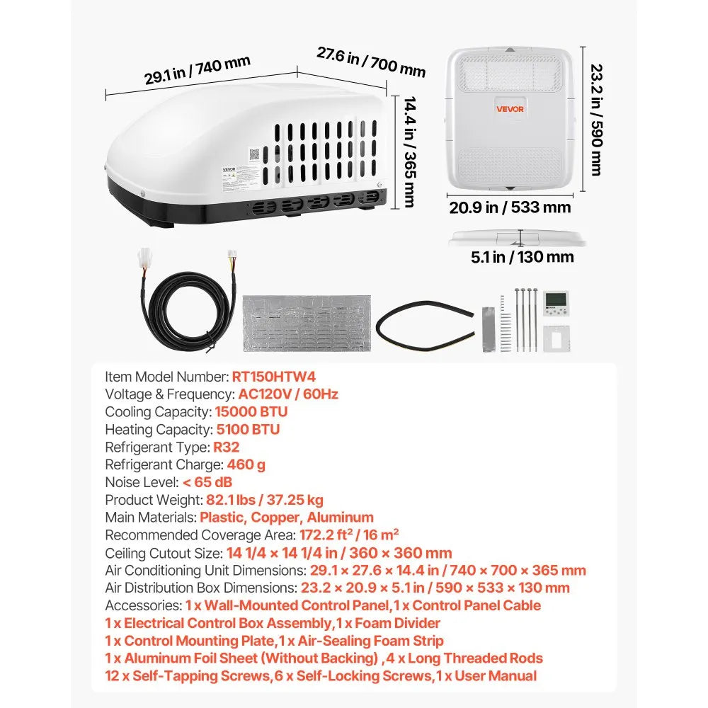 VEVOR RV Air Conditioner, 15000 BTU RV AC Unit, 120V Non-Ducted Rooftop Air Conditioner with Cooling and Heating, Four-Way Airflow, PTC Heating Module, Easy Install Quiet AC with Control Panel, White