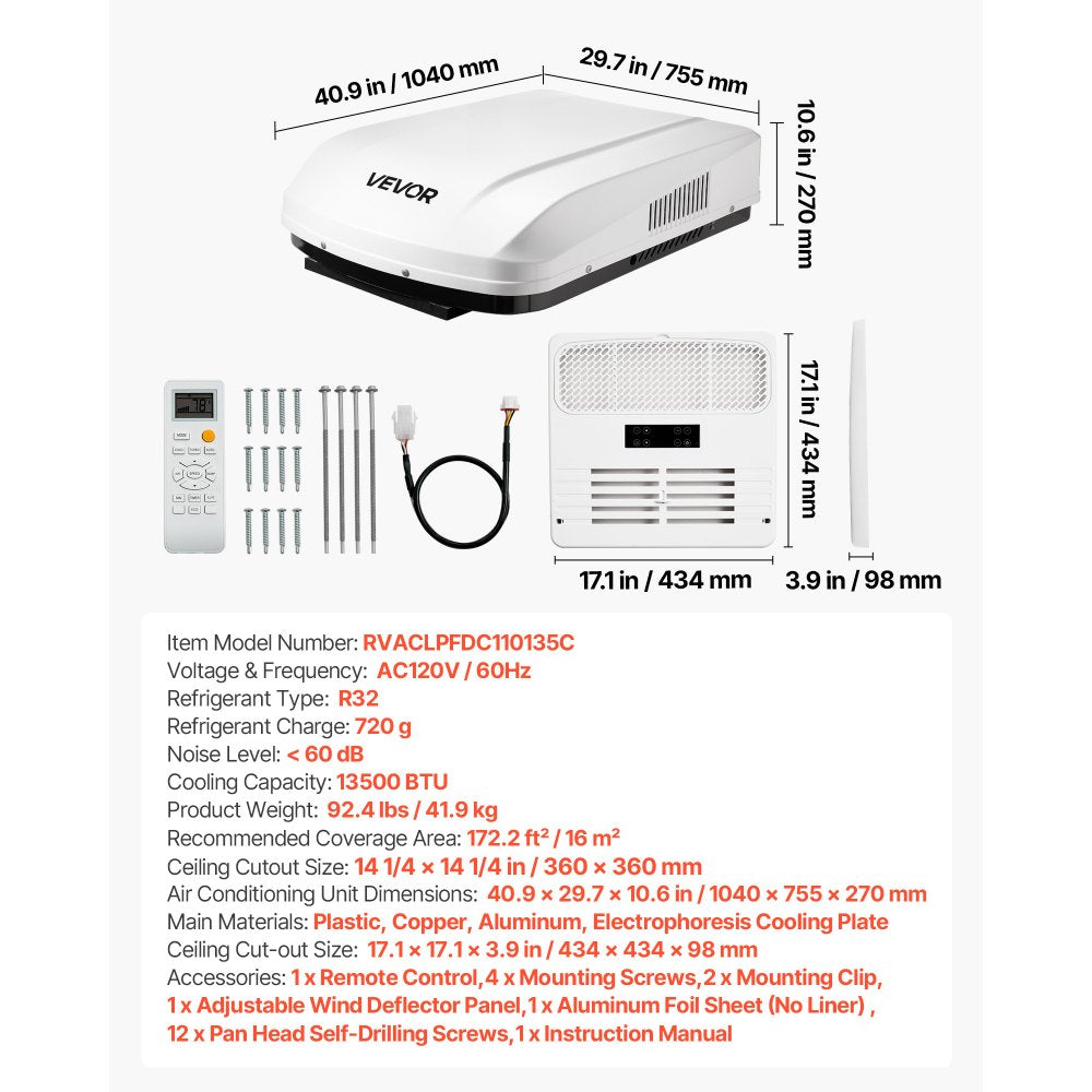 VEVOR RV Air Conditioner, 13500 BTU RV AC Unit, 120V Ducted Rooftop Air Conditioner with Variable Speed Compressor, Easy Install Quiet Cooling AC Unit with ADB Button Control and Remote Control, White