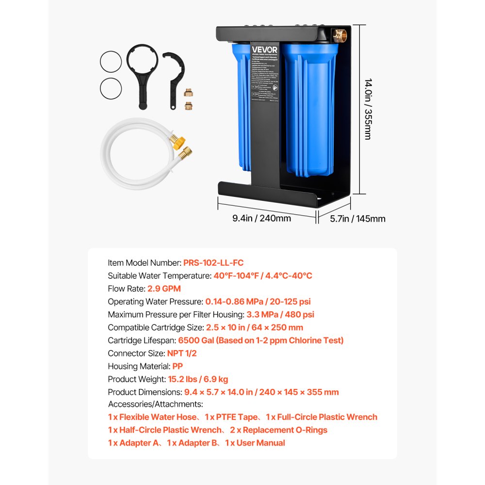 VEVOR RV Water Filtration System, 2-Cartridge Water Filter System for Campers, Remove Chlorine, Bad Tastes, Odors, and Most Contaminants, RV Filter with Bracket for RVs, Boats, Vans