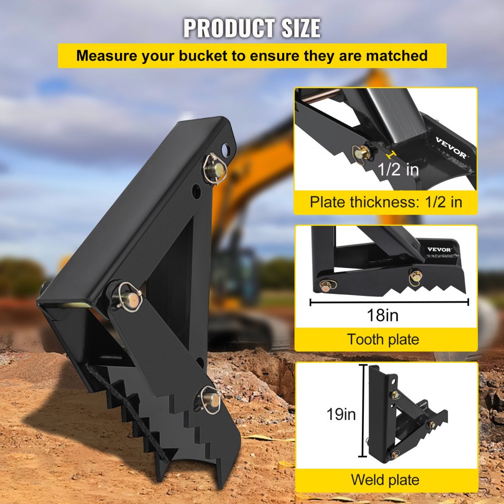 VEVOR 18\" Backhoe Thumb, 1/2\" Teeth Thickness Heavy Duty Excavator Thumb, Black Steel Weld On Thumb Attachments with 12mm Bolt-On Design Adjustable Mechanical Thumb for Backhoe/Excavator