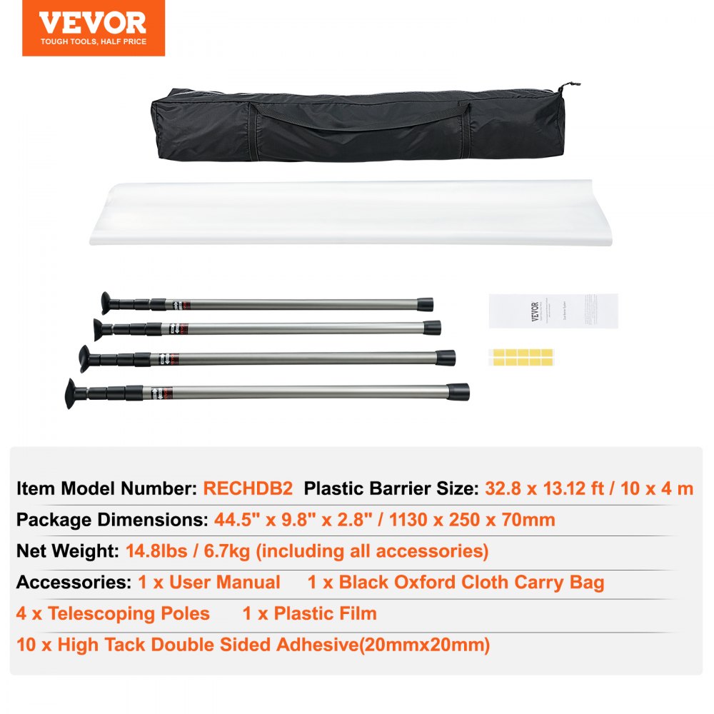 VEVOR Dust Barrier Poles, 12 Ft Dust Barrier System with 4 Telescoping Poles, 32.8x13.12 Ft Plastic Film, and Carry Bag, for Interior Decoration and Painting Projects