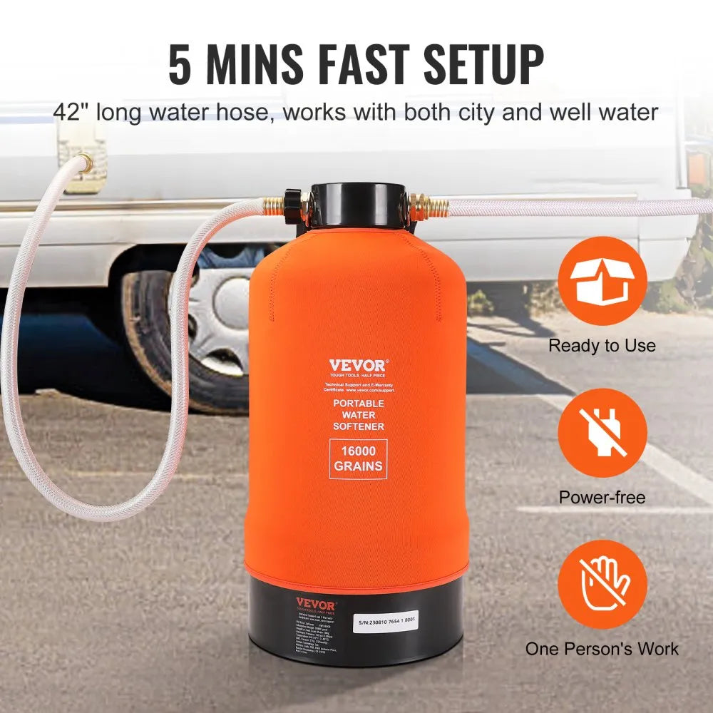 VEVOR RV Water Softener, 16,000 Grain Portable Water Softener, with 3/4" Brass Fittings and 42" Hose, Soften Hard Water Filter System for RVs, Trailers, Boats, Mobile Car Washing, Pressure Washing