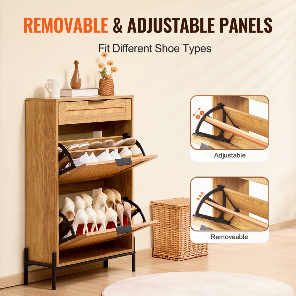 VEVOR Rattan Shoe Cabinet, Narrow Shoe Storage Organizer with 2 Flip Rattan Drawers & 1 Slide Drawer, Metal Legs, Slim Shoe Entryway Cabinet Ideal for Entryway, Closet, Hallway, Light Wood Color