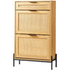 VEVOR Rattan Shoe Cabinet, Narrow Shoe Storage Organizer with 2 Flip Rattan Drawers & 1 Slide Drawer, Metal Legs, Slim Shoe Entryway Cabinet Ideal for Entryway, Closet, Hallway, Light Wood Color